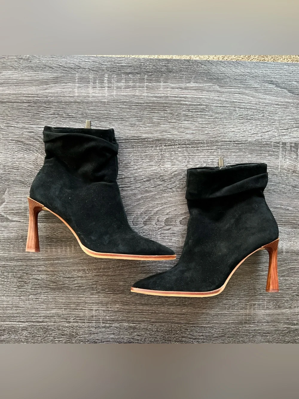 Vince Camuto Black Suede Pointed Ankle Booties with Wood Stacked Heel | Size 8